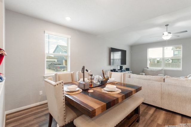 dining area with dark hardwood / wood-style flooring, a healthy amount of sunlight, and ceiling fan