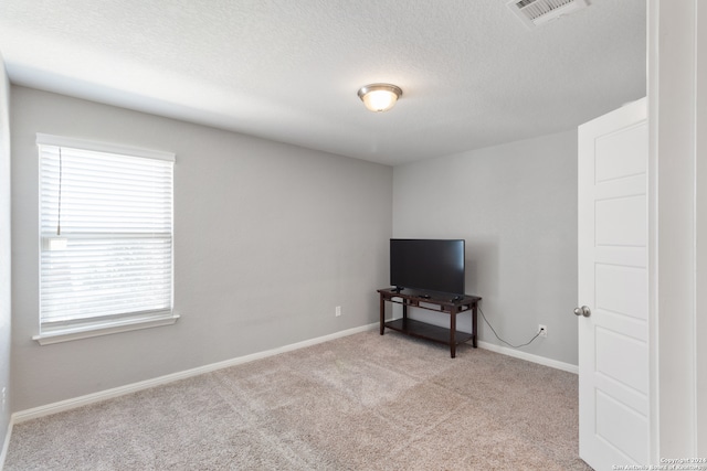 interior space with a textured ceiling and light carpet