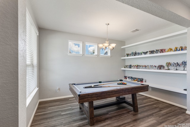 playroom featuring a textured ceiling, dark wood-type flooring, pool table, and a notable chandelier