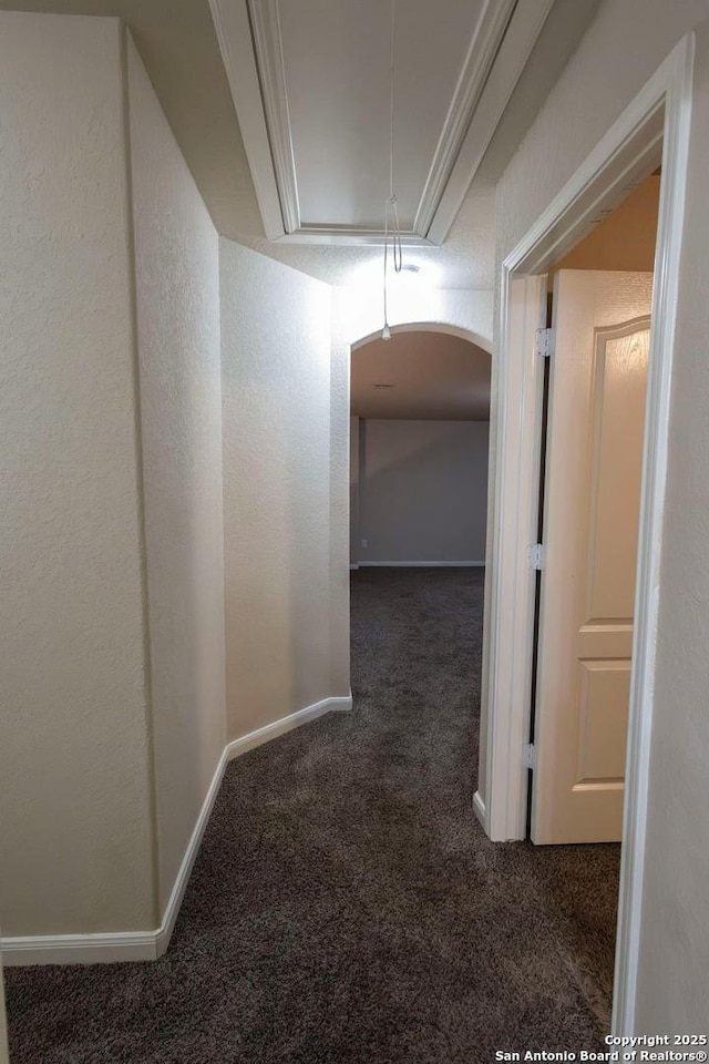 8446 Buckhorn Parke, San Antonio, TX 78254 - hall featuring crown molding, baseboards, attic access, arched walkways, and carpet floors