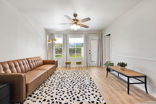 living room with ceiling fan and light hardwood / wood-style flooring