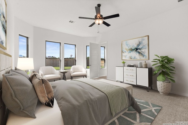 bedroom featuring ceiling fan and carpet floors