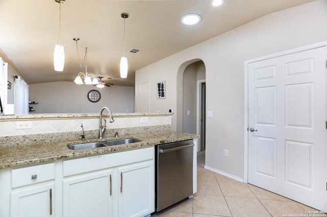 kitchen with decorative light fixtures, dishwasher, sink, light stone counters, and white cabinets