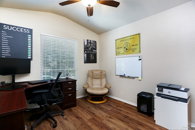 home office with ceiling fan, dark hardwood / wood-style floors, and vaulted ceiling