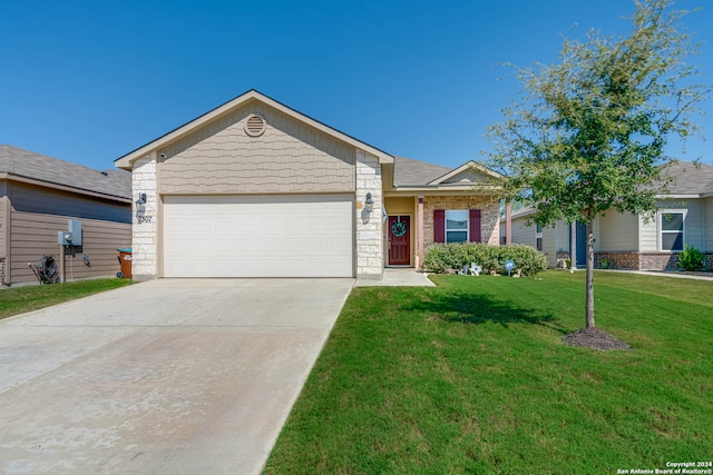 ranch-style house featuring a garage and a front lawn