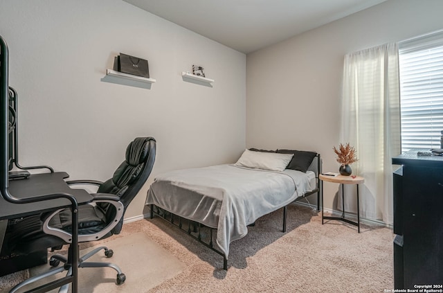 bedroom with light colored carpet