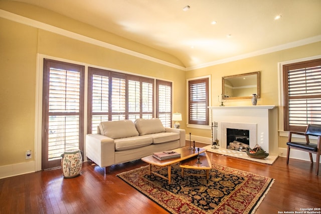 living room featuring crown molding, dark hardwood / wood-style flooring, and vaulted ceiling