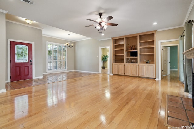 unfurnished living room featuring ceiling fan with notable chandelier, ornamental molding, and light hardwood / wood-style flooring