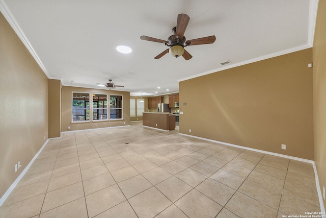 unfurnished living room featuring ceiling fan, ornamental molding, and light tile patterned flooring