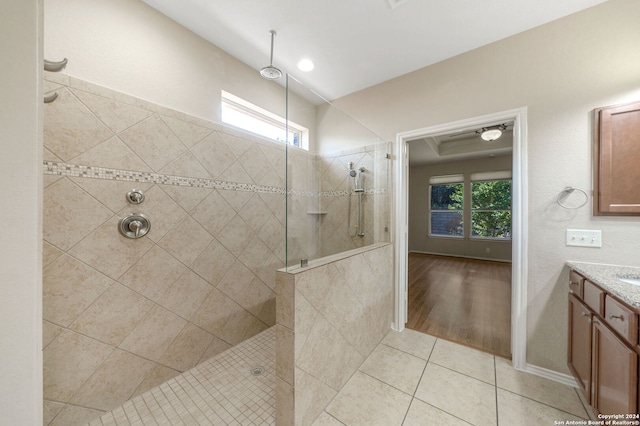 bathroom featuring vanity, wood-type flooring, and a tile shower