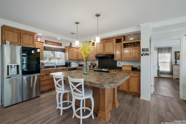 kitchen featuring appliances with stainless steel finishes, plenty of natural light, and dark hardwood / wood-style floors