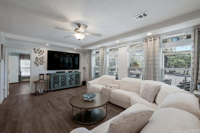 1350 Blue Quail Dr, Lytle, TX 78052 - living room featuring a ceiling fan, wood finished floors, a textured ceiling, visible vents, and recessed lighting