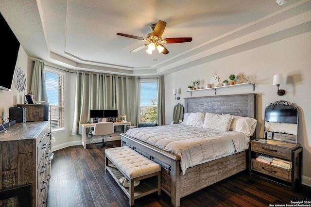 bedroom with a raised ceiling, dark hardwood / wood-style flooring, ceiling fan, and multiple windows