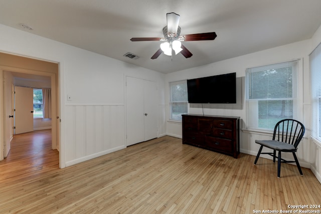 interior space featuring light hardwood / wood-style flooring and ceiling fan