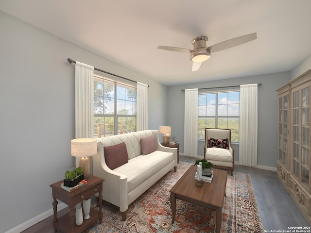 living room with hardwood / wood-style flooring and ceiling fan