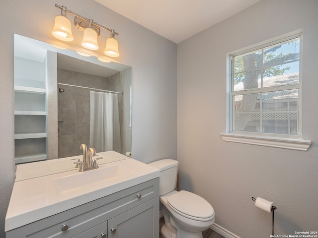 bathroom featuring vanity, toilet, and a shower with curtain