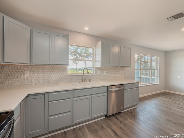 kitchen with sink, stainless steel appliances, and gray cabinetry