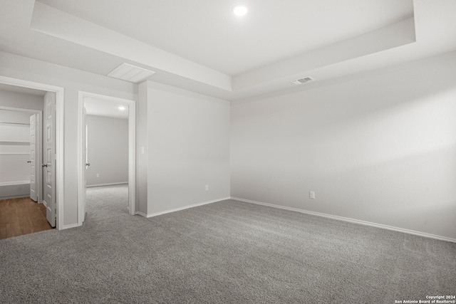 unfurnished room featuring a raised ceiling and carpet floors