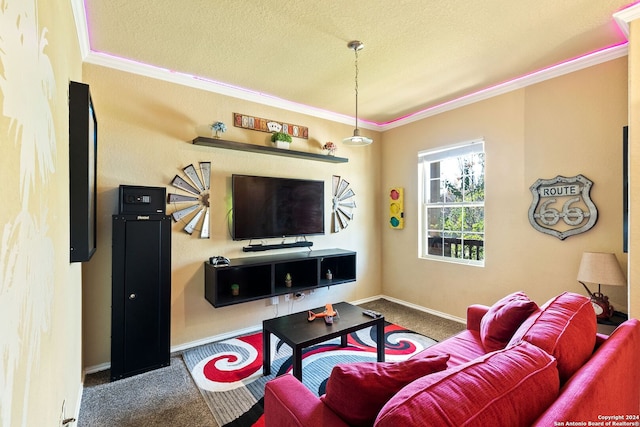 carpeted living room featuring a textured ceiling and crown molding