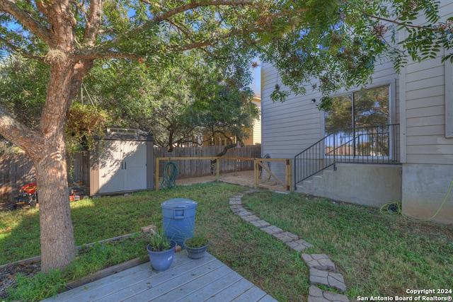 view of yard featuring a deck and a storage unit