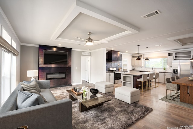 living room with a large fireplace, ceiling fan, a tray ceiling, and light hardwood / wood-style floors