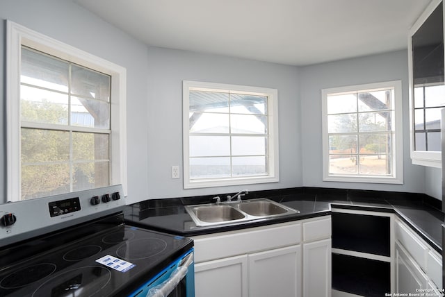 kitchen with stainless steel electric range oven, sink, and white cabinets