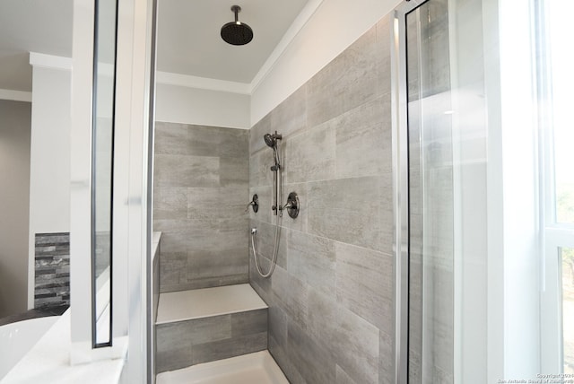 bathroom with ornamental molding and walk in shower