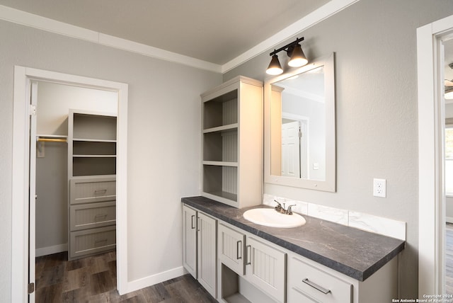 bathroom with crown molding, vanity, and hardwood / wood-style flooring