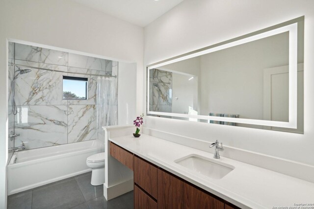 full bathroom featuring vanity, toilet, tile patterned flooring, and shower / bathtub combination with curtain