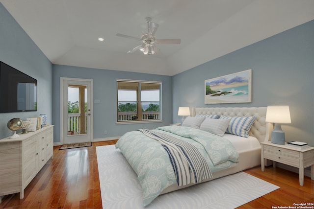 bedroom featuring vaulted ceiling, access to outside, wood-type flooring, and ceiling fan