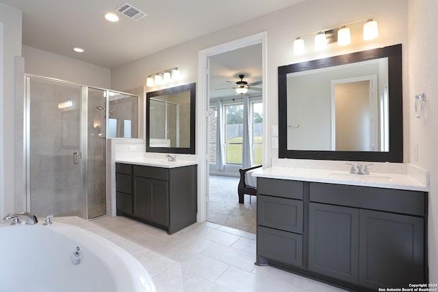 bathroom featuring vanity, separate shower and tub, ceiling fan, and tile patterned flooring