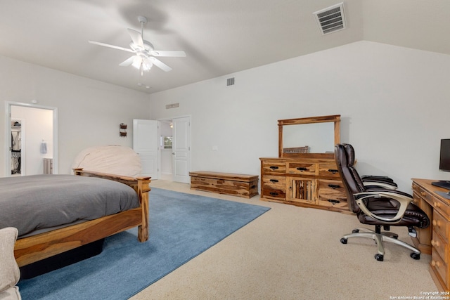 carpeted bedroom with ceiling fan and lofted ceiling