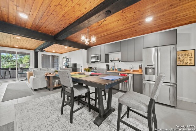 dining space featuring wood ceiling, beamed ceiling, and an inviting chandelier