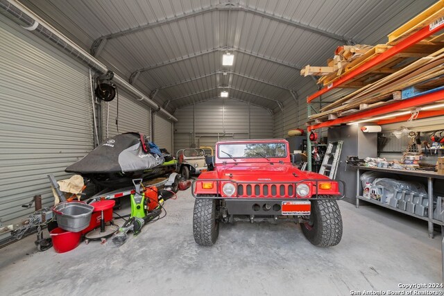 garage with a workshop area