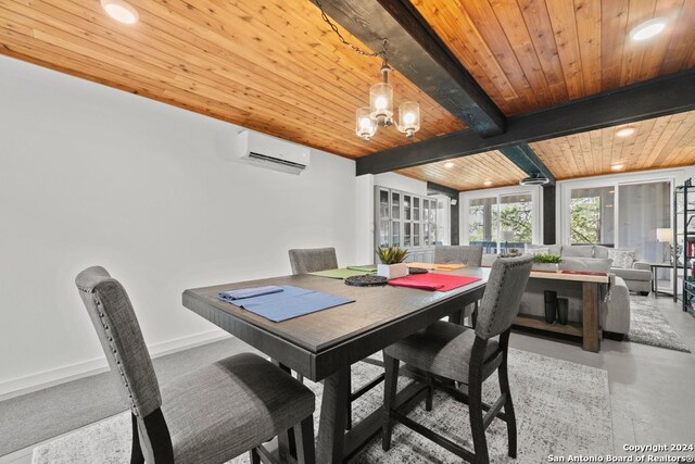 dining space featuring wooden ceiling, beam ceiling, an AC wall unit, and an inviting chandelier