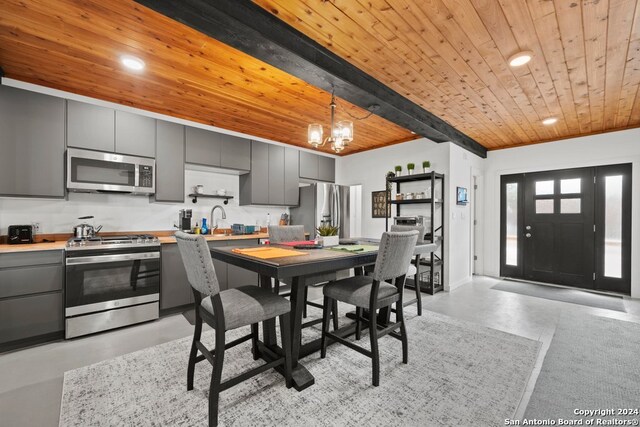 kitchen with hanging light fixtures, wood ceiling, beamed ceiling, stainless steel appliances, and an inviting chandelier