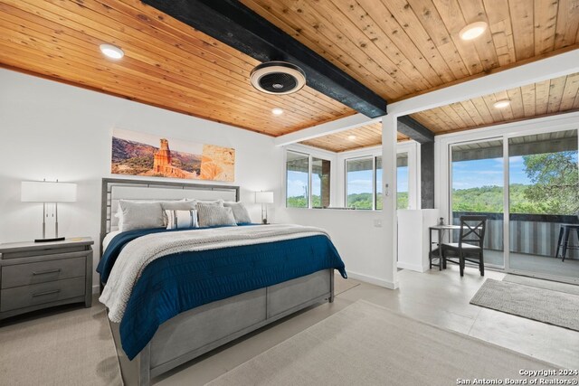 bedroom with multiple windows, beam ceiling, and wooden ceiling