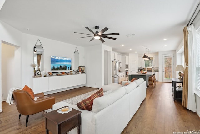 living room with wood-type flooring and ceiling fan