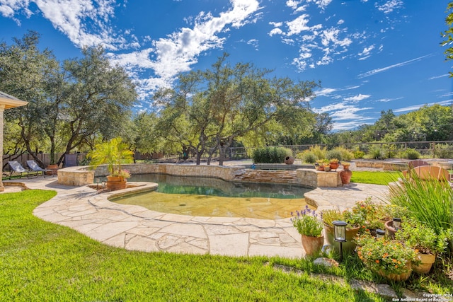 view of yard featuring a patio and a pool with hot tub