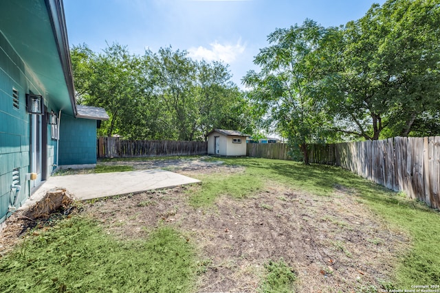 view of yard with a storage unit and a patio area