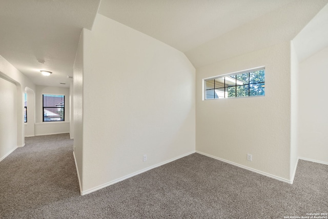 spare room featuring plenty of natural light, carpet floors, and vaulted ceiling