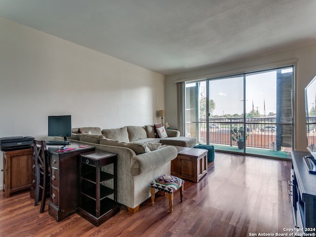 living room with a textured ceiling and dark wood-type flooring