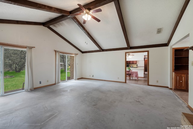 unfurnished living room featuring ceiling fan, vaulted ceiling with beams, and a textured ceiling