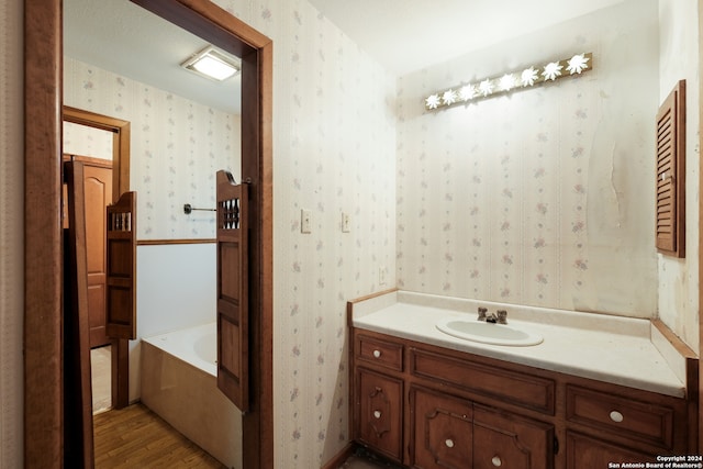 bathroom with vanity, hardwood / wood-style flooring, and a bathing tub