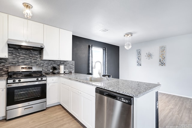 kitchen featuring kitchen peninsula, appliances with stainless steel finishes, white cabinets, and sink