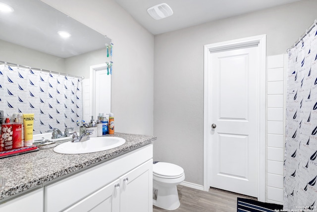 bathroom featuring a shower with curtain, vanity, toilet, and wood-type flooring