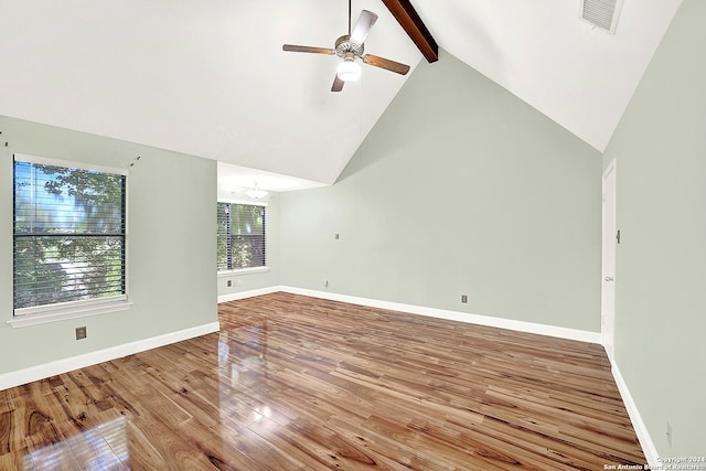 unfurnished living room featuring beam ceiling, ceiling fan, high vaulted ceiling, and hardwood / wood-style floors