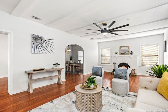 living room with a healthy amount of sunlight, ceiling fan, and hardwood / wood-style flooring