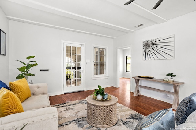 living room with ceiling fan and wood-type flooring