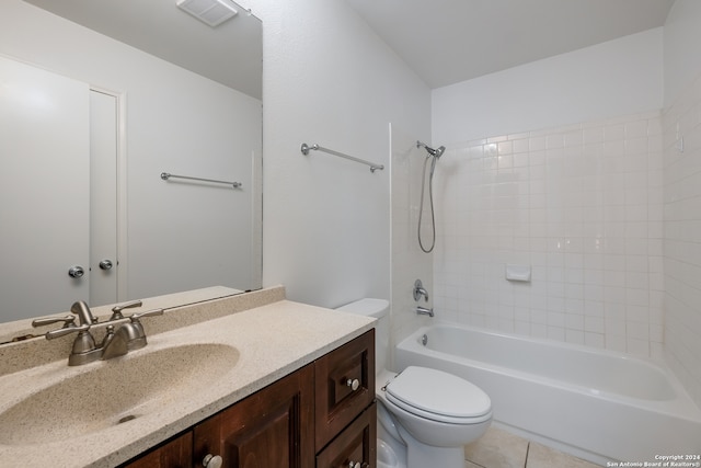 full bathroom with vanity, toilet, shower / bathtub combination, and tile patterned floors